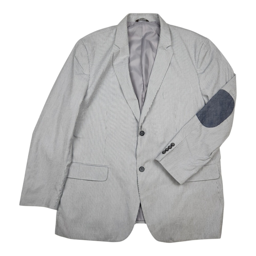 Tasso Elba Seersucker Elbow Patches Blazer Jacket Sz XXL 50-52 White Blue Stripe